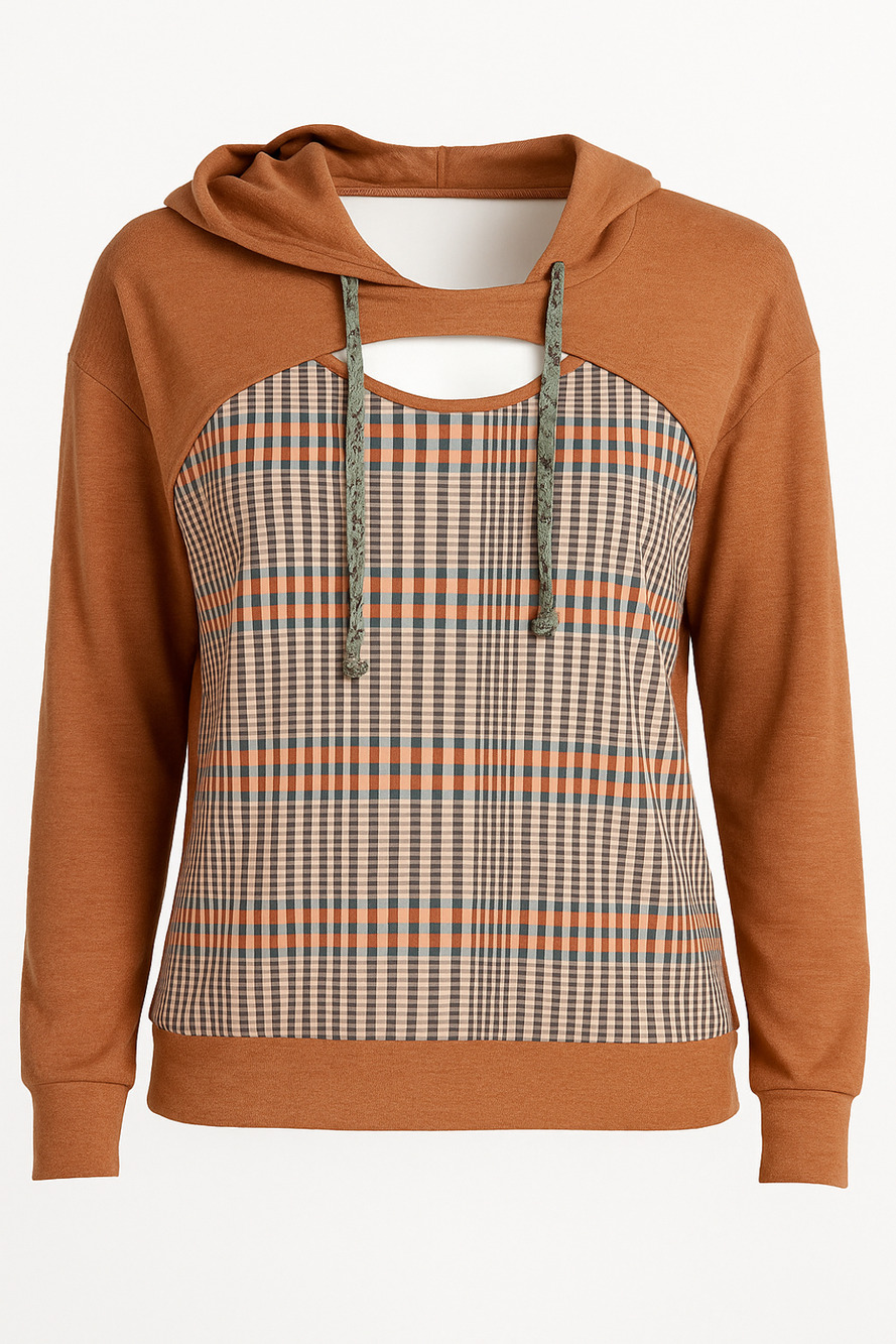 Sugarfox Plaid Hooded Pullover Rust Checkered Soft Lightweight Cozy Fall Top M